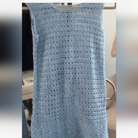 Handmade Blue Crochet Dress & Ivory Scarf Set Fringe Boho Beach Outfit - Picture 8 of 12